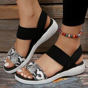 Faux Leather Open Toe Low Heel Sandals in Black & White Snake Pattern